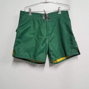 Birdwell Beach Britches Green Yellow Mens 32 Made in USA Swim Trunks Board Short